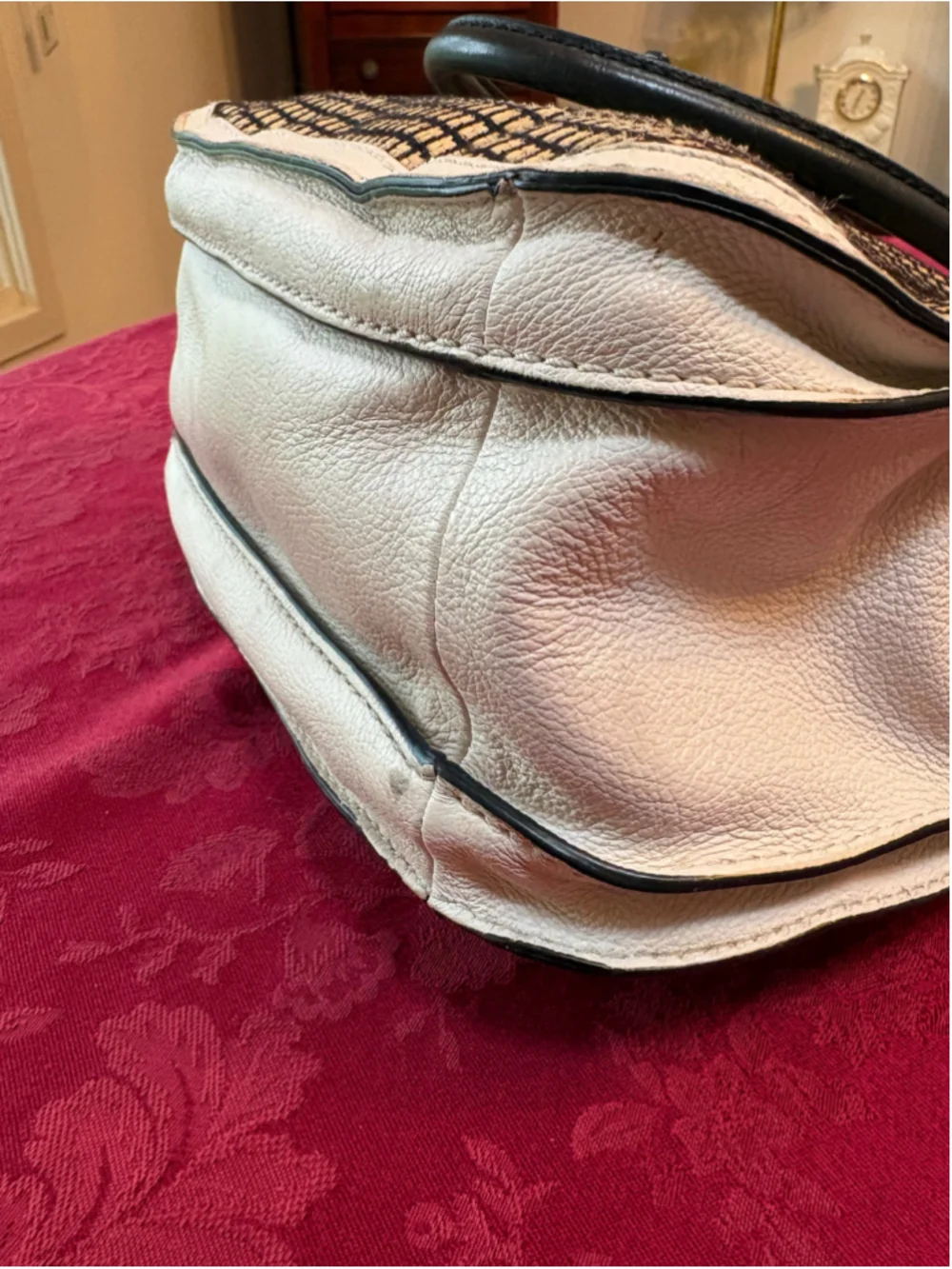 Fossil Beige and Black Perforated Leather Satchel Bag